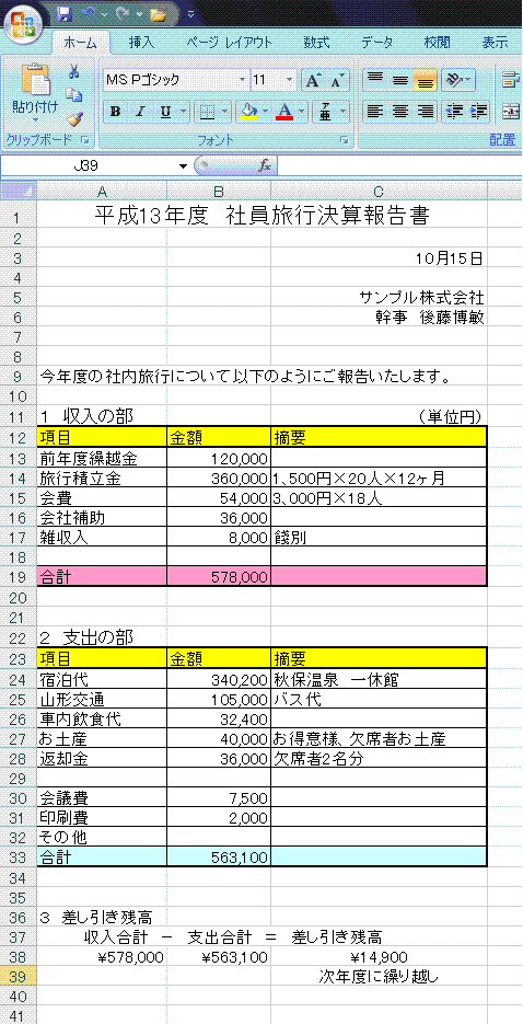 サンプル 社員旅行決算書